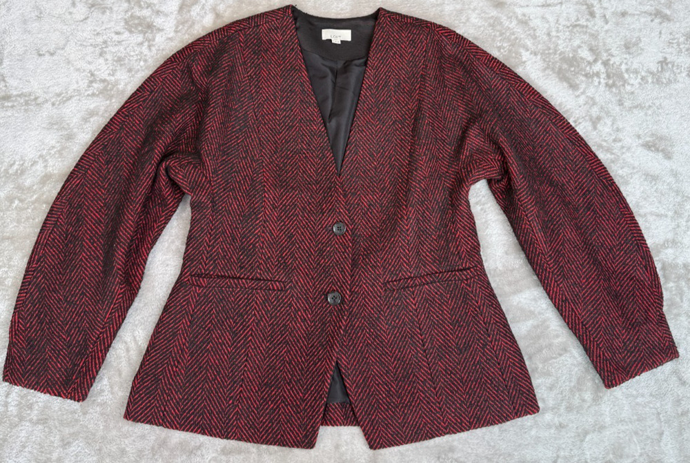 Loft Red Black Herringbone Sculpted Wool Blend Blazer Womens 6 NWOT